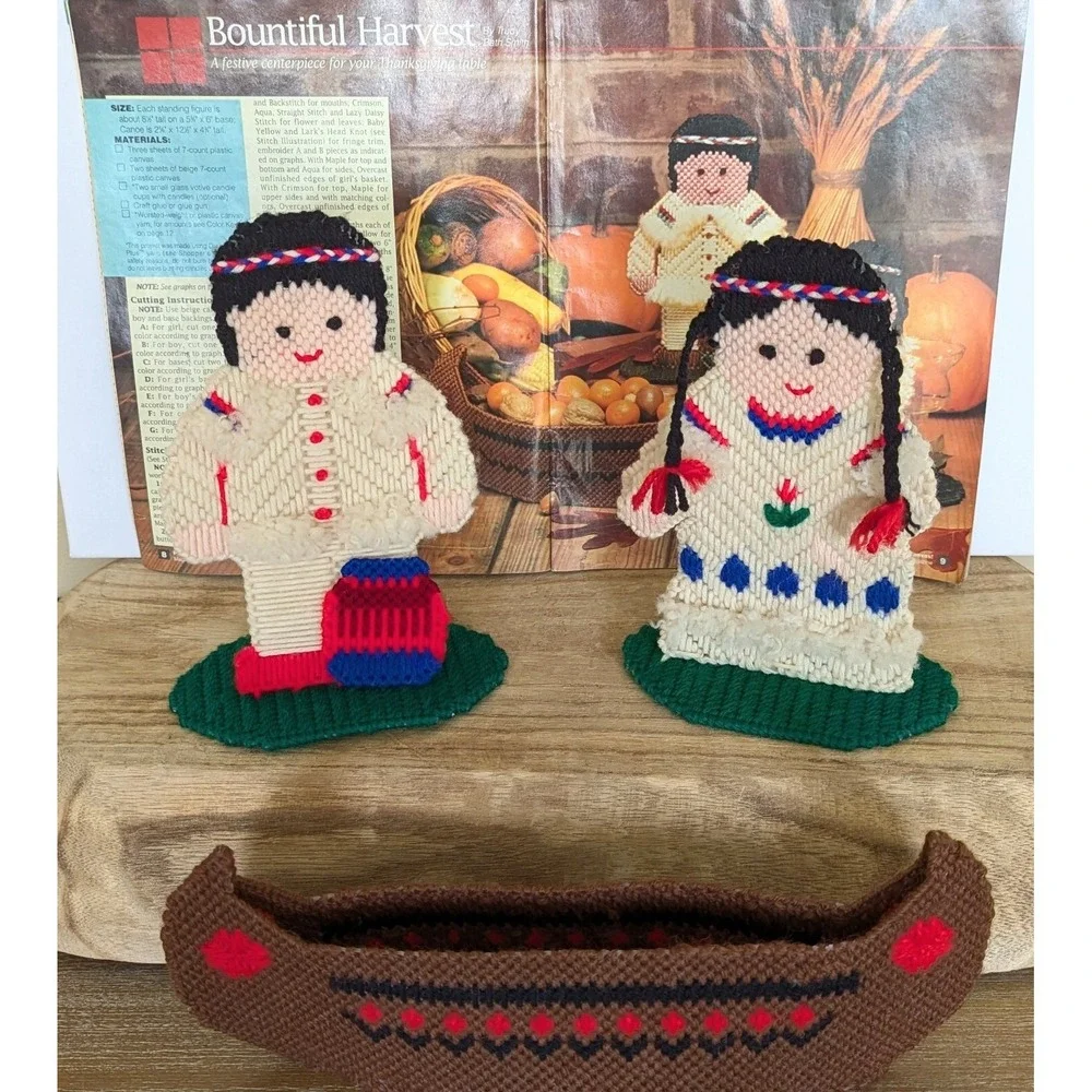 VTG Plastic Canvas Needlepoint Indian Native American Canoe Thanksgiving Decor